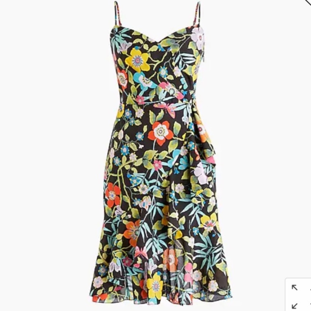 J Crew Liberty of London fabric black floral spaghetti strap ruffled sundress